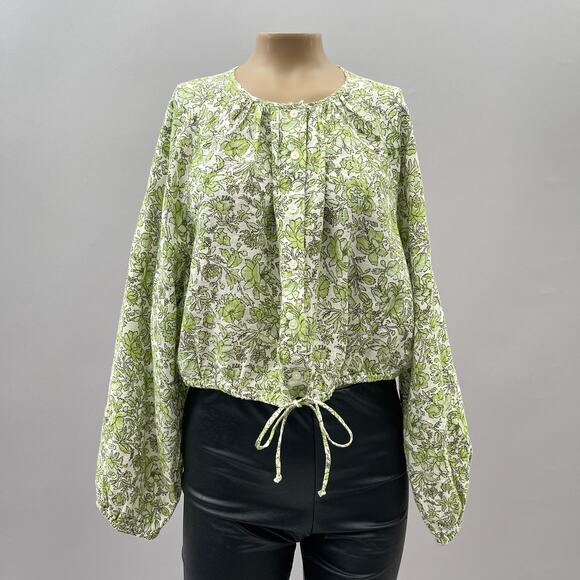 J. Crew Long Sleeve Linen Cropped Top Tossed Floral Green Women's Size Large - Picture 3 of 13